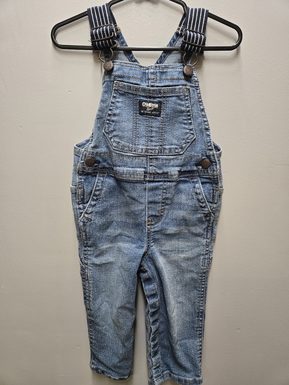 Oshkosh Overall Pants Striped Adjustable Straps Denim Jean Blue Toddler Boys 18m